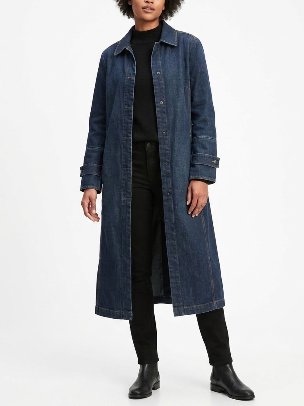Vintage GAP 2001 Denim Duster Coat Jacket Dark Wash Snap Front Trench M